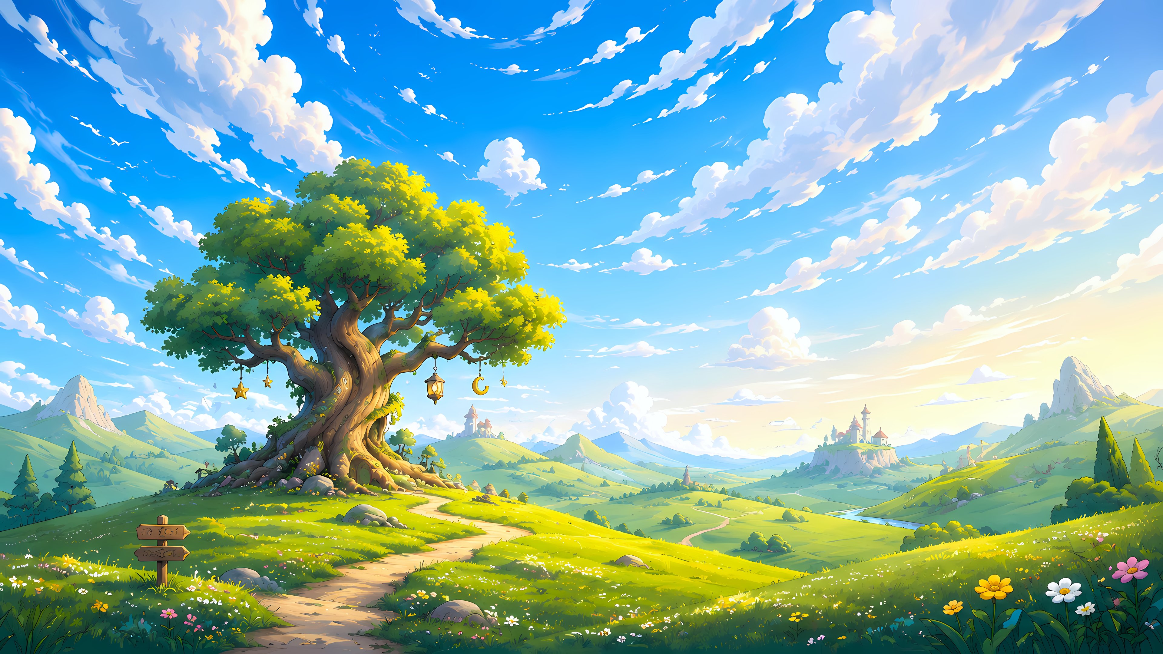 Fairy-tale world with a big tree on a green field - 4K PC Wallpapers in 3840x2160 resolution