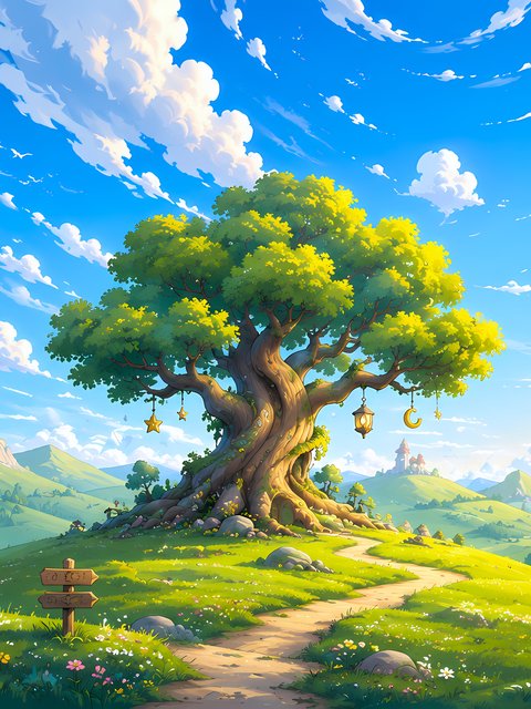 Fairy-tale world with a big tree on a green field - Wallpapers for HTC/BlackBerry in 480x640 resolution