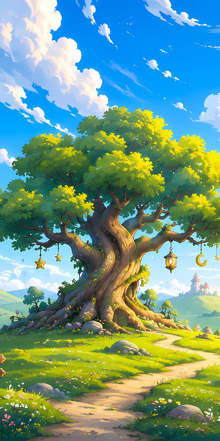Fairy-tale world with a big tree on a green field - Wallpapers for Samsung Galaxy A03s, Xiaomi Redmi 7A, POCO C3 in 720x1440 resolution
