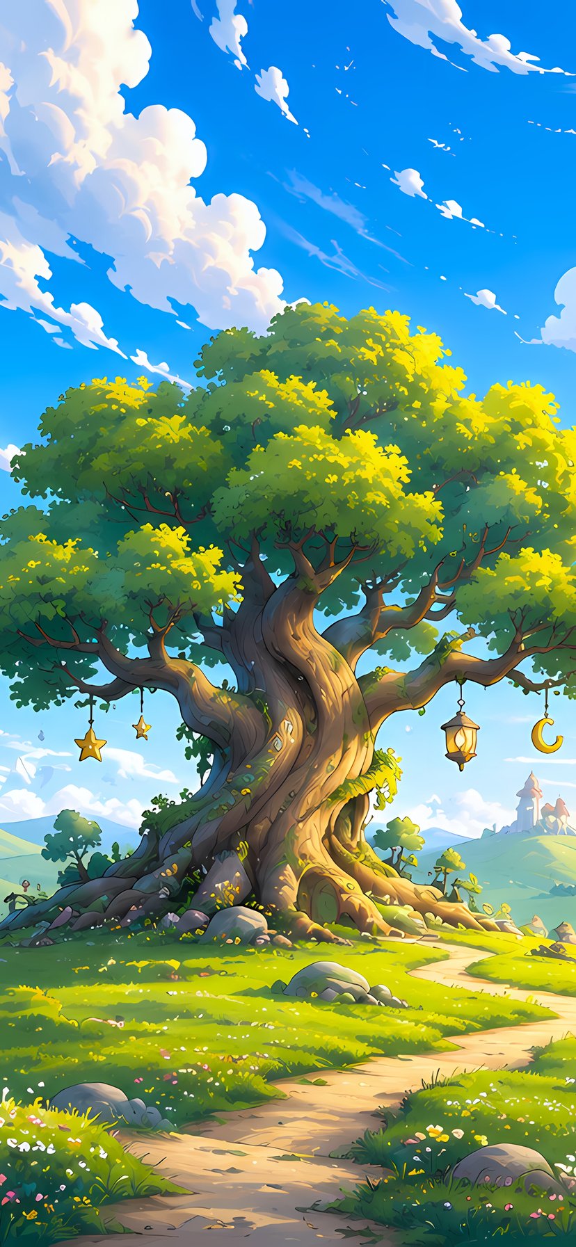 Fairy-tale world with a big tree on a green field - Wallpapers for iPhone 11/XR in 828x1792 resolution