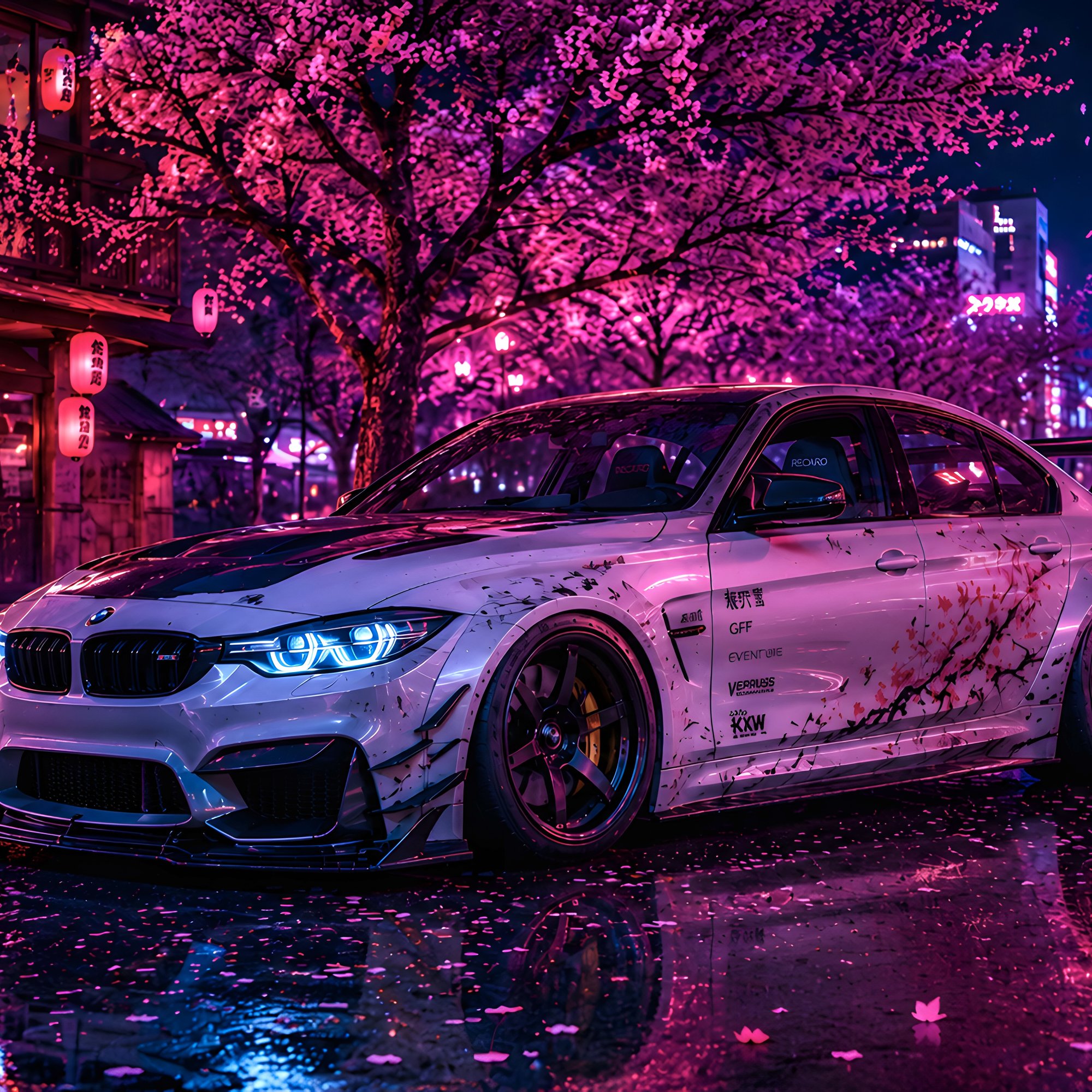 White BMW M3 Under Tokyo Sakura - Wallpapers for Samsung/Xiaomi in 2000x2000 resolution