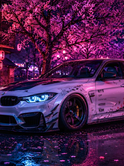 White BMW M3 Under Tokyo Sakura - Wallpapers for HTC/BlackBerry in 480x640 resolution