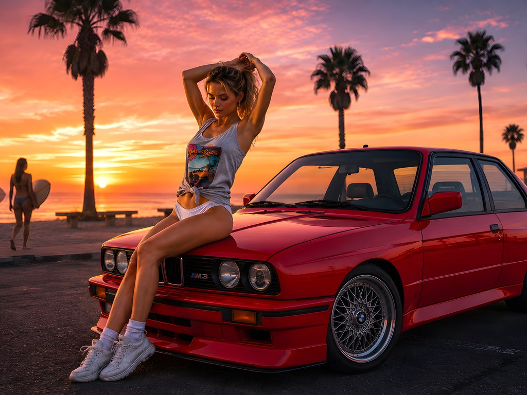 Девушка на капоте BMW E30 на пляже - XVGA обои в разрешении 1024x768