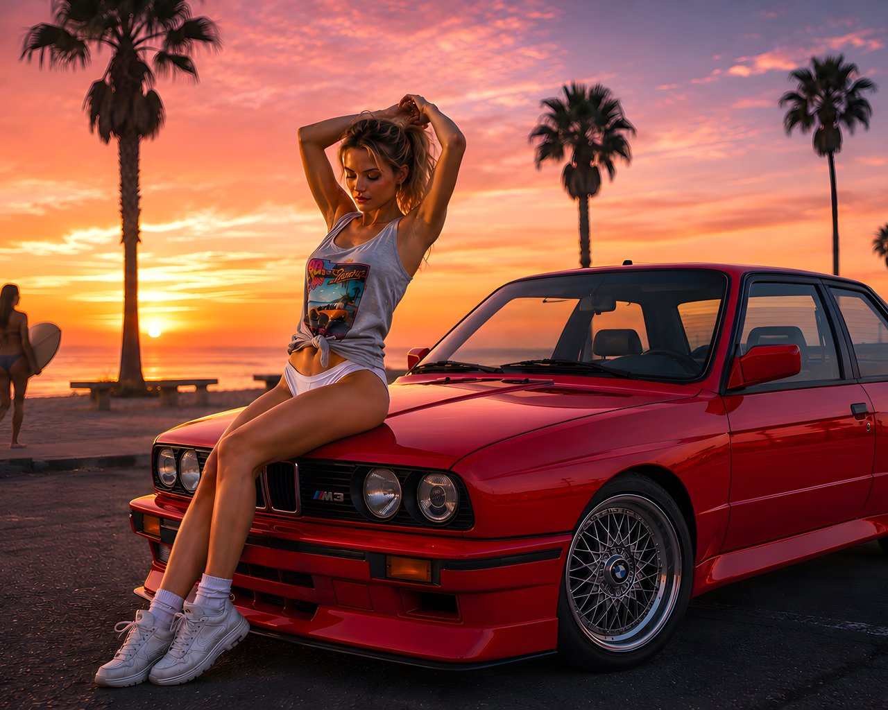 Girl on the hood of BMW E30 on the beach - SXGA wallpapers in 1280x1024 resolution
