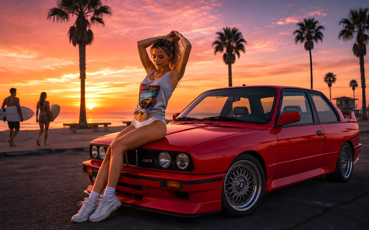 Девушка на капоте BMW E30 на пляже - WXGA_1280 обои в разрешении 1280x800