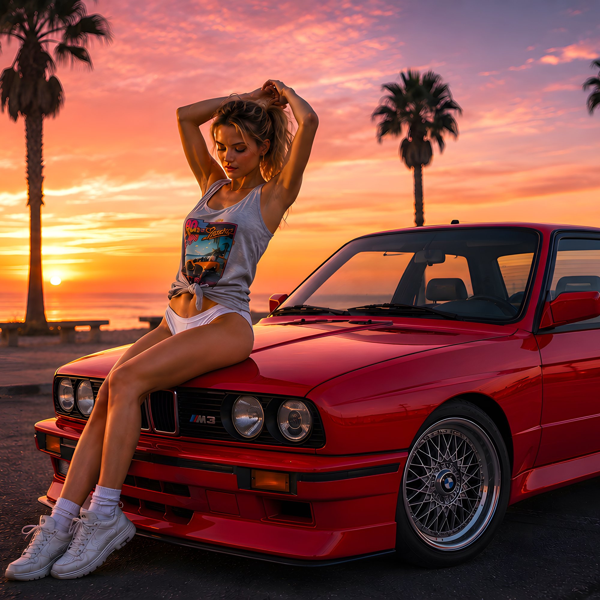 Girl on the hood of BMW E30 on the beach - Wallpapers for Samsung/Xiaomi in 2000x2000 resolution