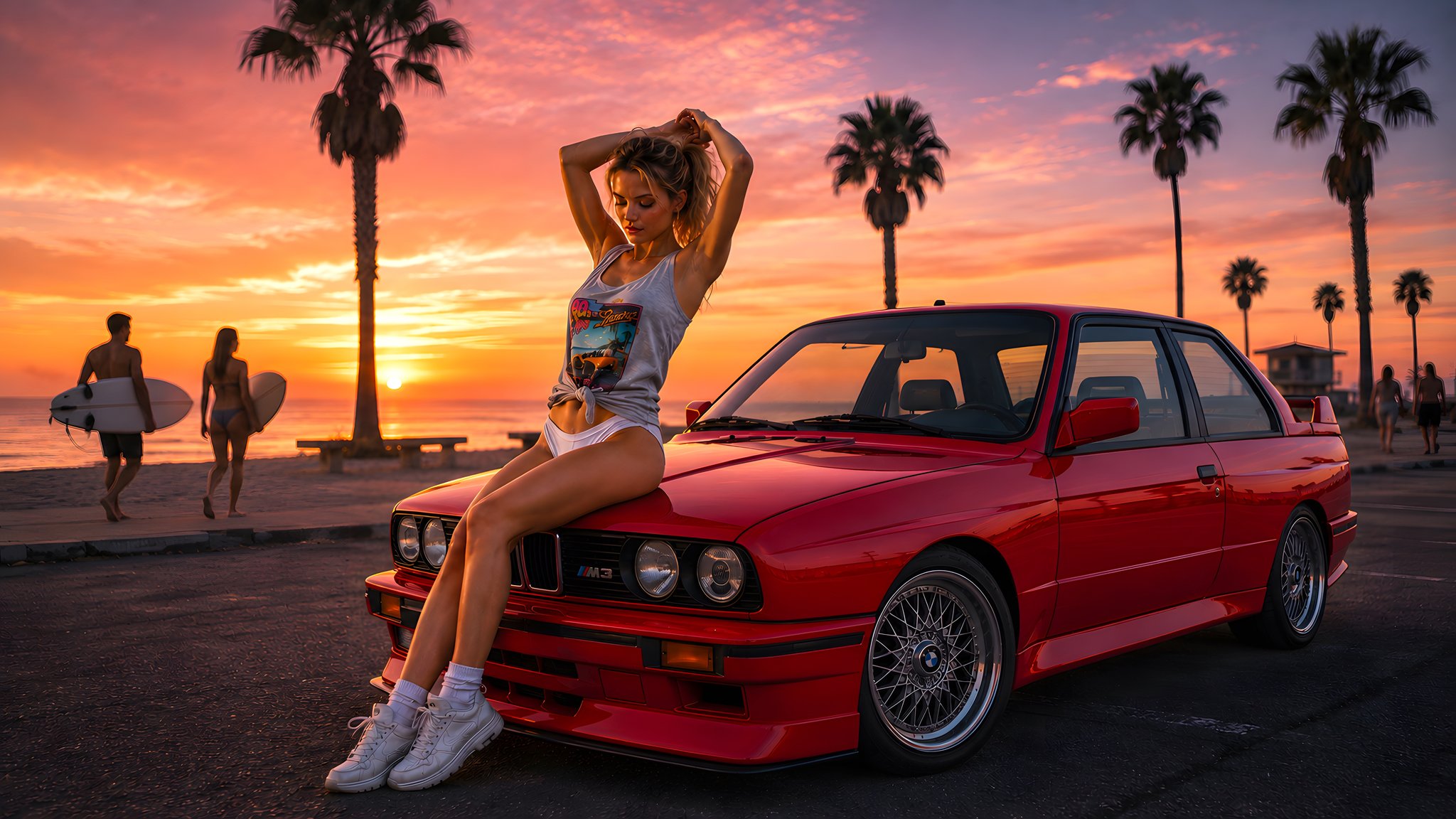 Девушка на капоте BMW E30 на пляже - QWXGA обои в разрешении 2048x1152