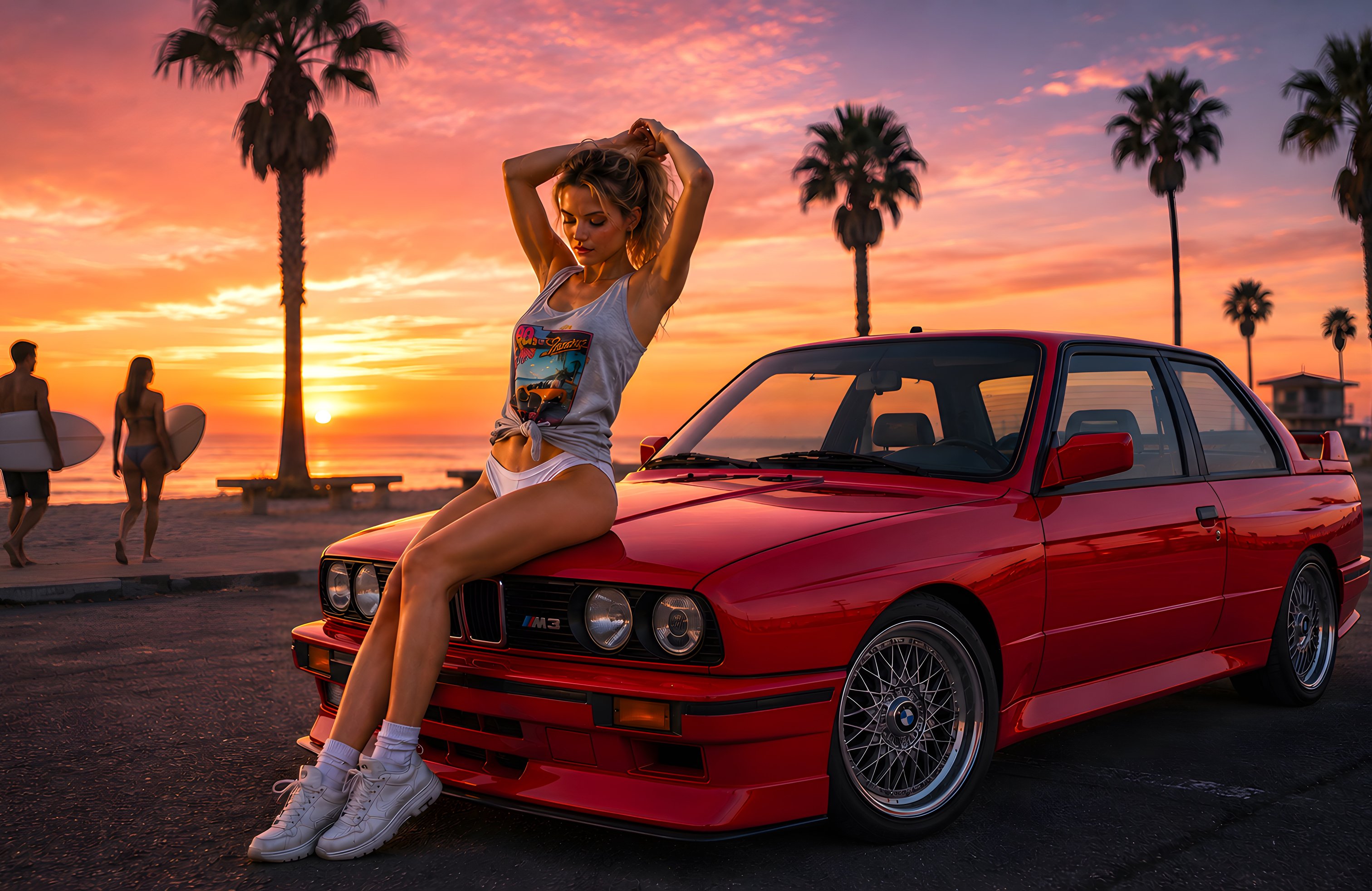 Girl on the hood of BMW E30 on the beach - Wallpapers for Apple MacBook 14.2″ in 3024x1964 resolution