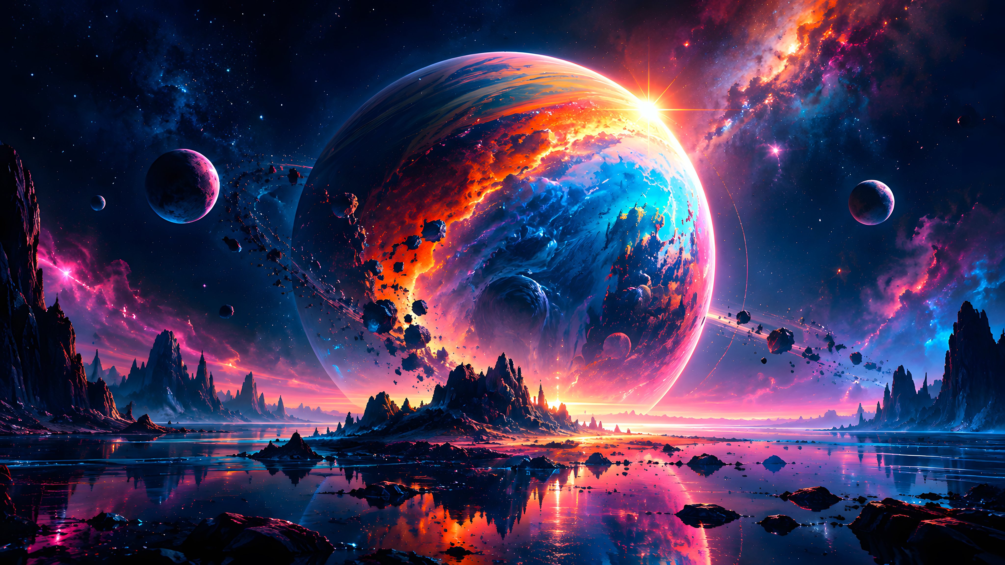 Extraterrestrial Planet Over Mountains - Wallpapers for Apple iMac 21.5″ in 4096x2304 resolution