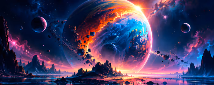 Обои планета для двух мониторов (7680x2160): планета, горы, вода, отражение