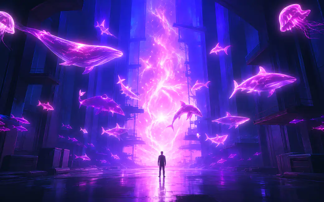 Man Before a Neon Ocean Portal — desktop and phone wallpaper, free download