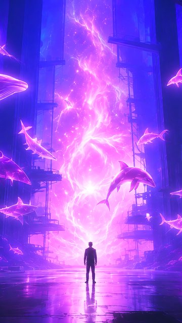 Man Before a Neon Ocean Portal - Wallpapers for Nokia, Samsung in 360x640 resolution