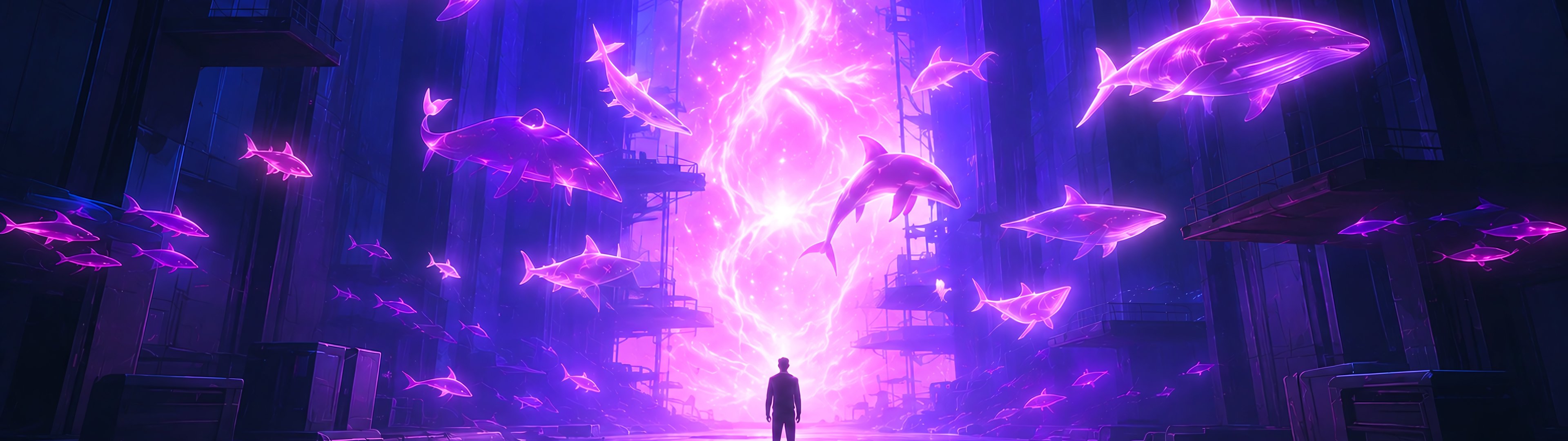Man Before a Neon Ocean Portal - UltraWide 32:9 wallpapers in 3840x1080 resolution