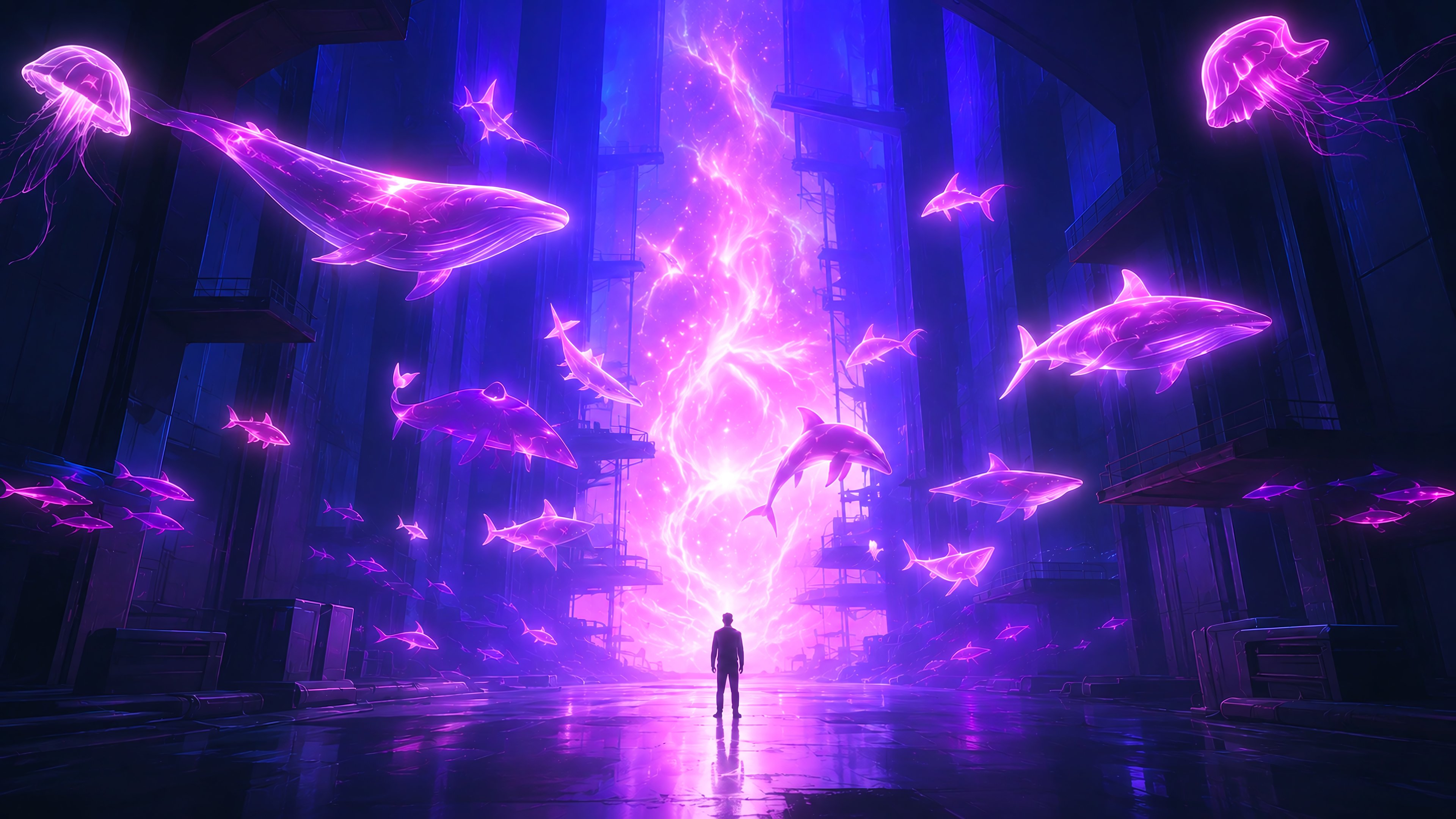 Man Before a Neon Ocean Portal - 4K PC Wallpapers in 3840x2160 resolution