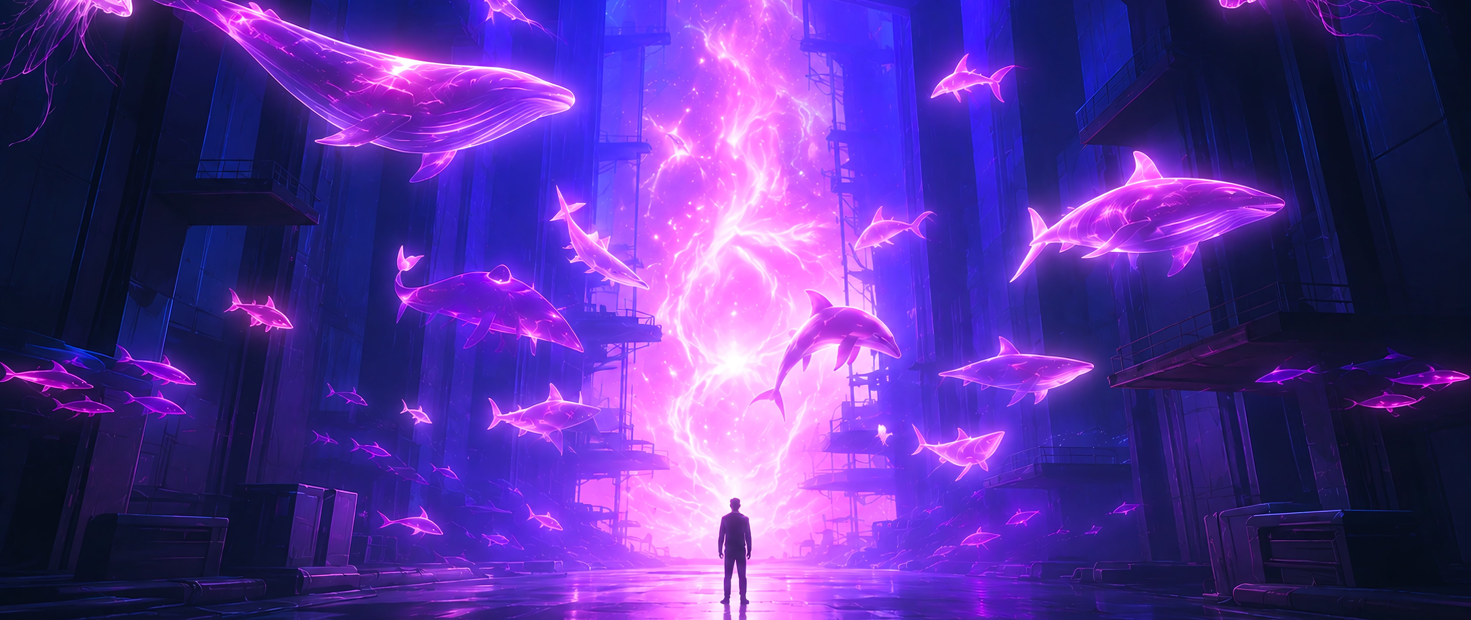 Man Before a Neon Ocean Portal - 5K2K UltraWide 21:9 wallpapers in 5120x2160 resolution
