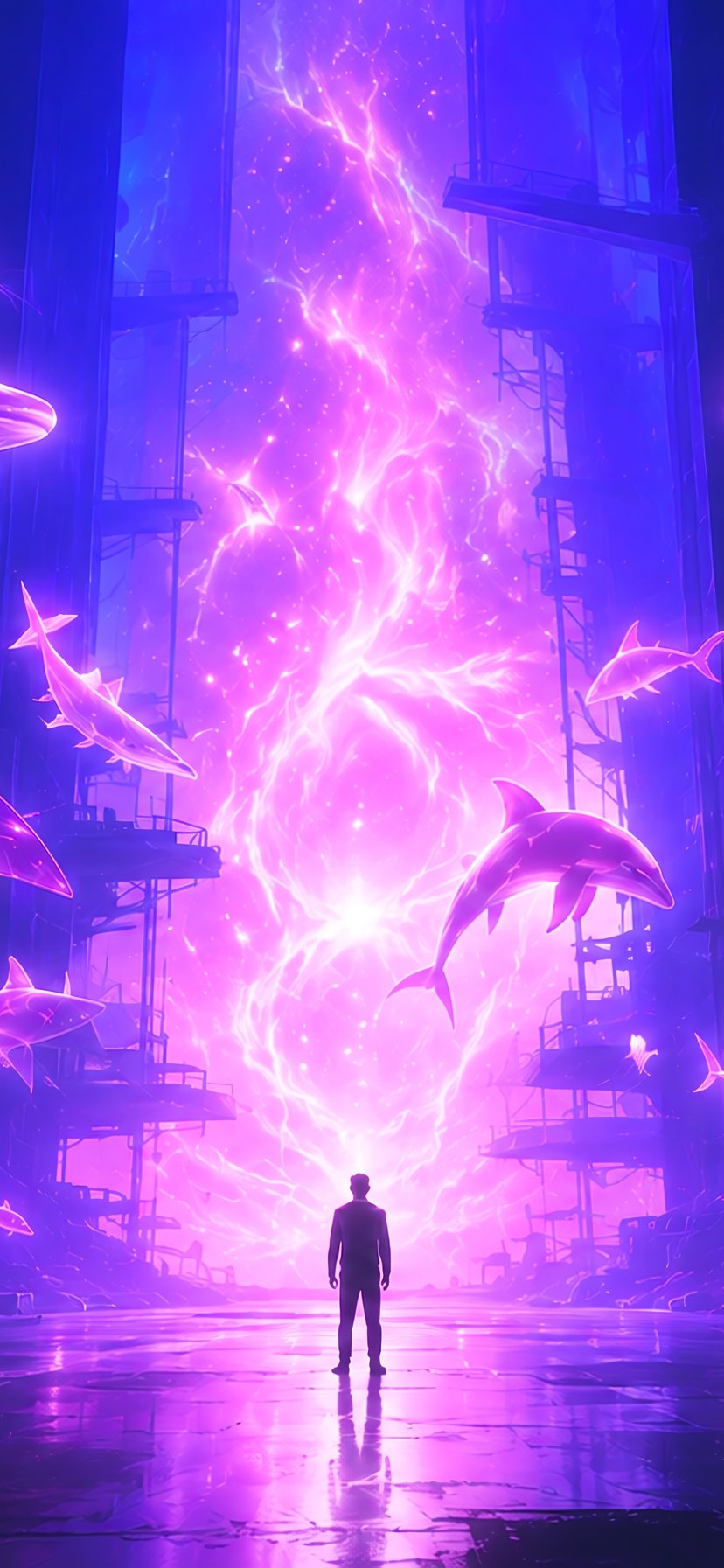 Man Before a Neon Ocean Portal - Wallpapers for iPhone 11/XR in 828x1792 resolution