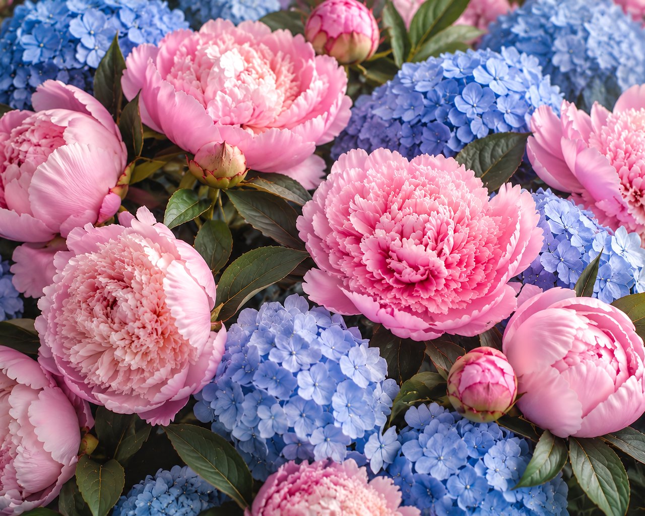 Pink Peonies and Blue Hydrangeas - SXGA wallpapers in 1280x1024 resolution