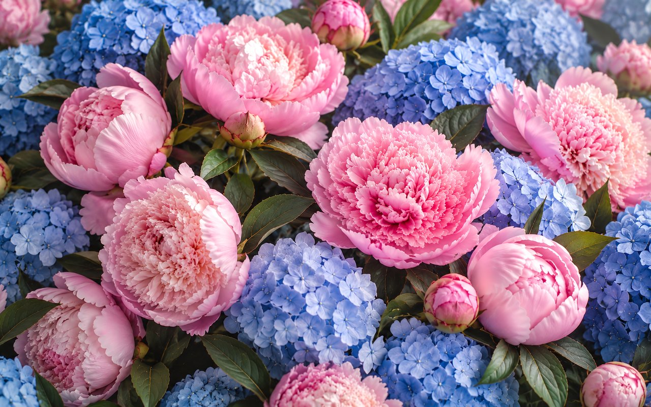 Pink Peonies and Blue Hydrangeas - WXGA_1280 wallpapers in 1280x800 resolution