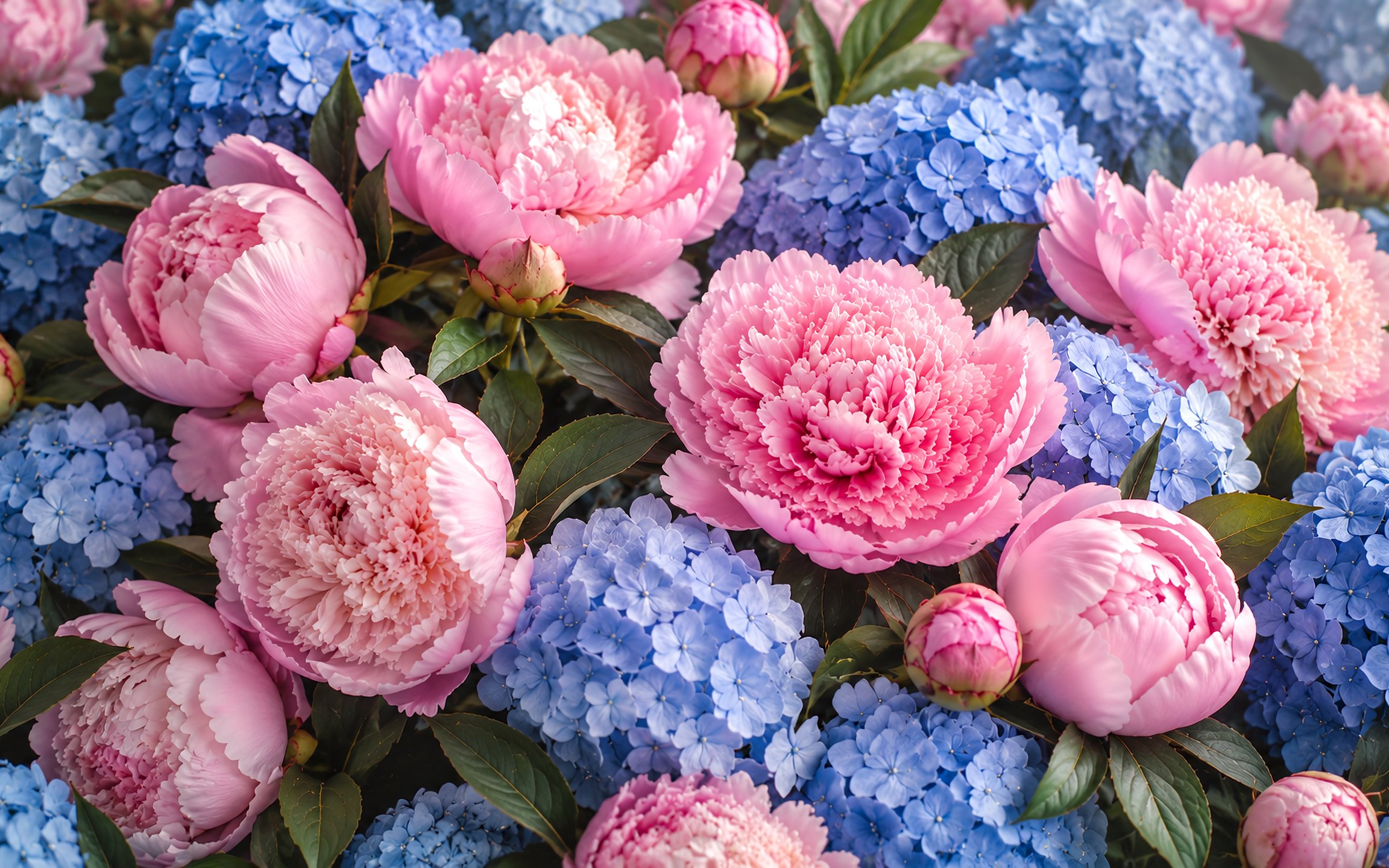 Pink Peonies and Blue Hydrangeas - Wallpapers for Apple MacBook 12″ in 2304x1440 resolution
