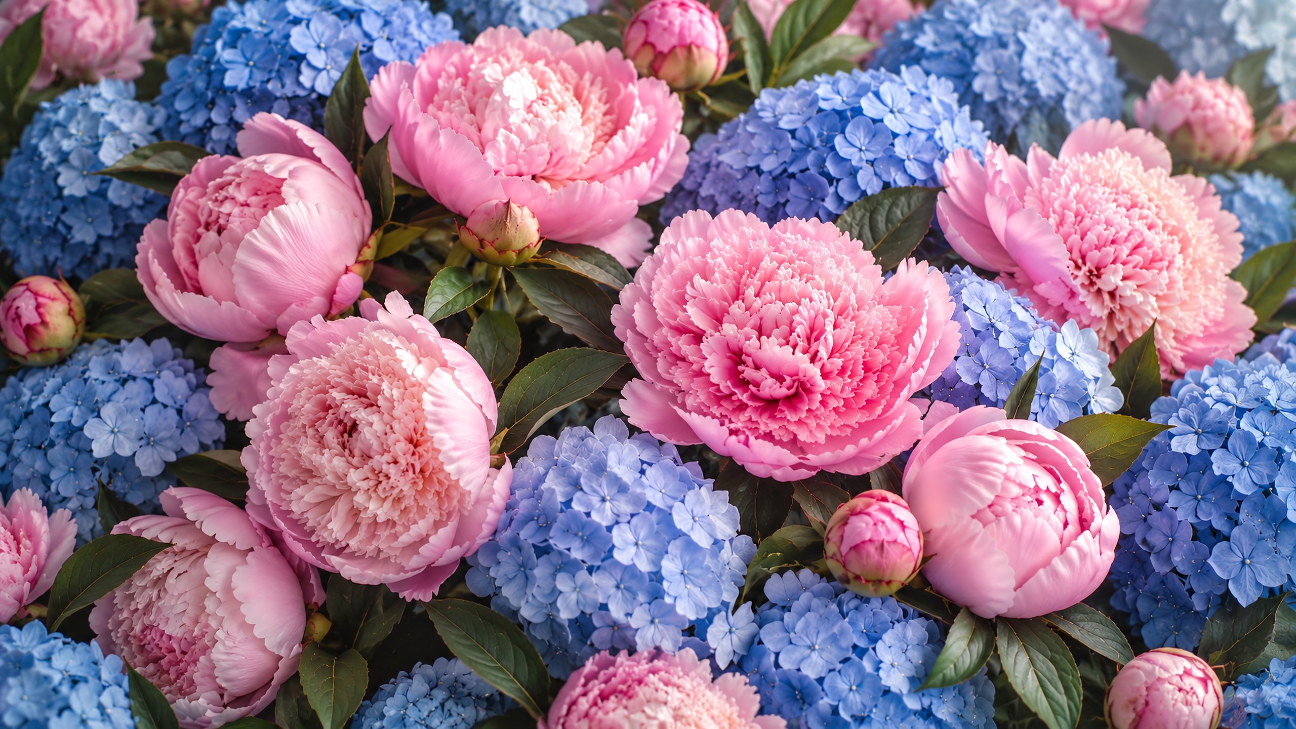 Pink Peonies and Blue Hydrangeas - 2K Quad HD wallpapers in 2560x1440 resolution