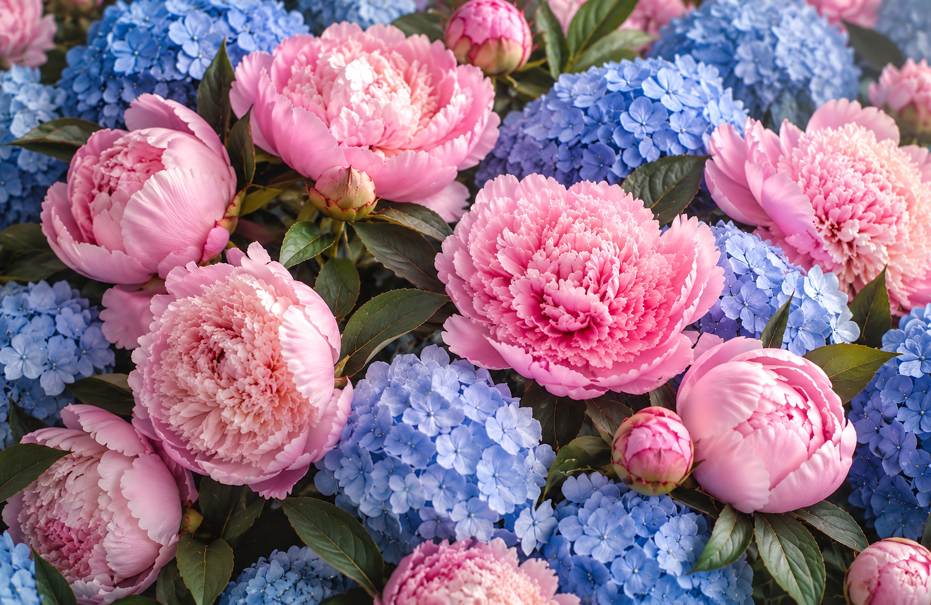 Pink Peonies and Blue Hydrangeas - Wallpapers for Apple MacBook 14.2″ in 3024x1964 resolution