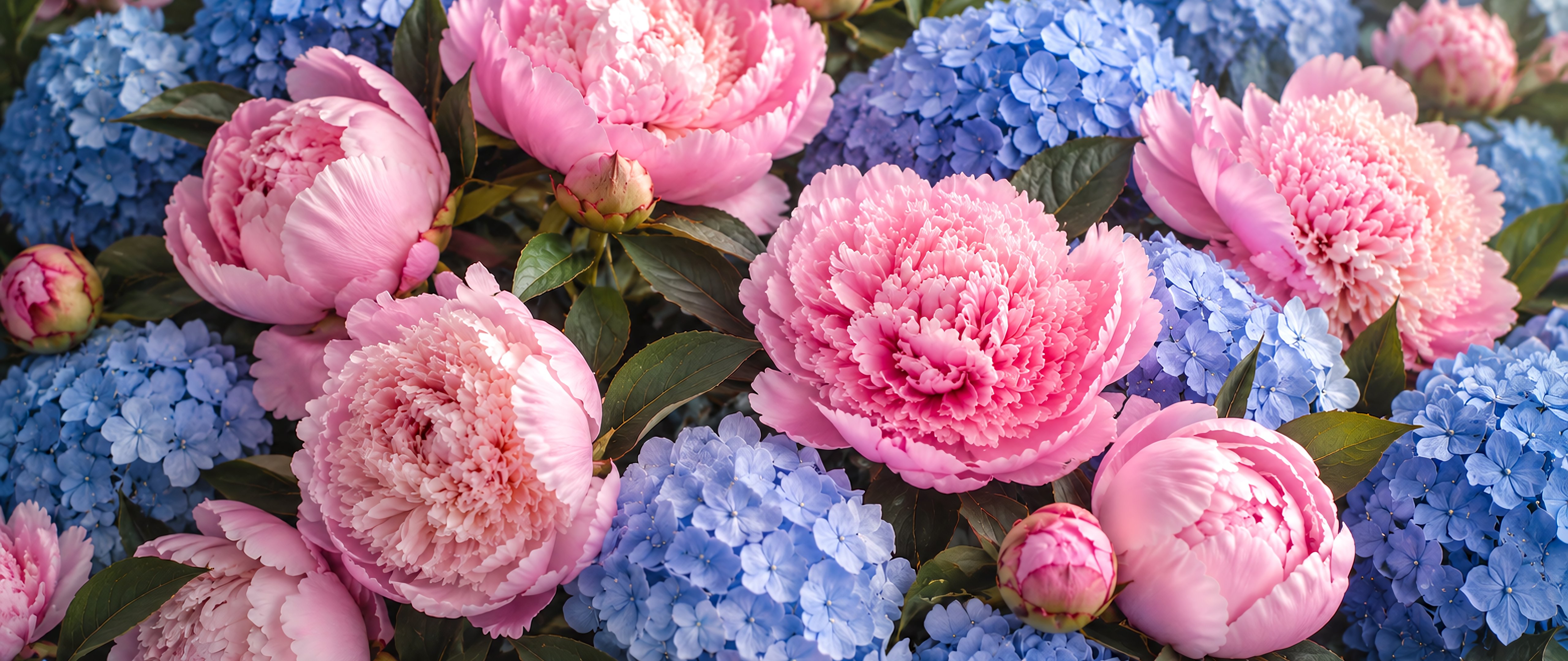 Pink Peonies and Blue Hydrangeas - 5K2K UltraWide 21:9 wallpapers in 5120x2160 resolution