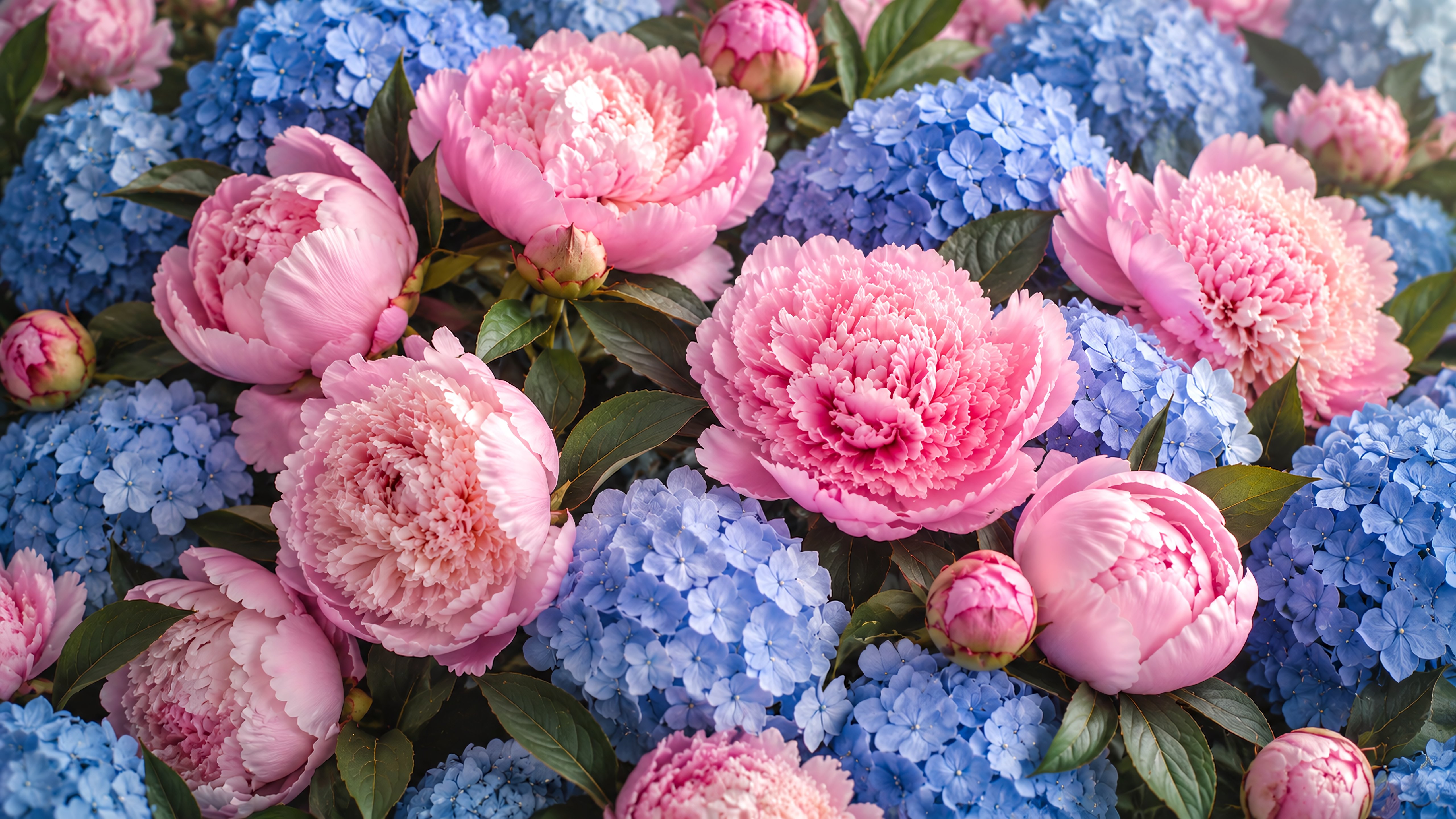 Pink Peonies and Blue Hydrangeas - 5K wallpapers in 5120x2880 resolution