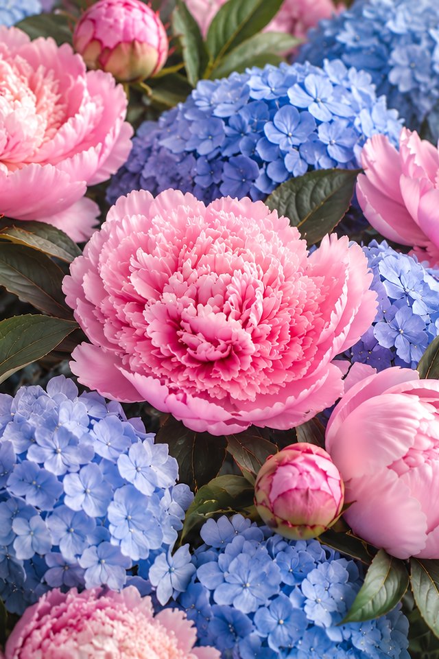 Pink Peonies and Blue Hydrangeas - Wallpapers for iPhone 4/4S in 640x960 resolution