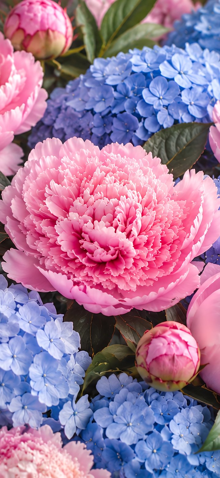Pink Peonies and Blue Hydrangeas - Wallpapers for Samsung Galaxy A11/A20e/A20/M11, Xiaomi Redmi 9A/9C, POCO C40 in 720x1560 resolution