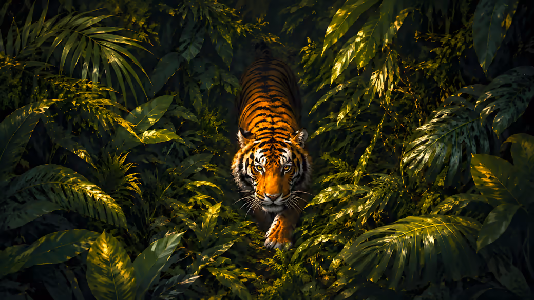Tiger on the hunt in the green jungle — desktop and phone wallpaper, free download