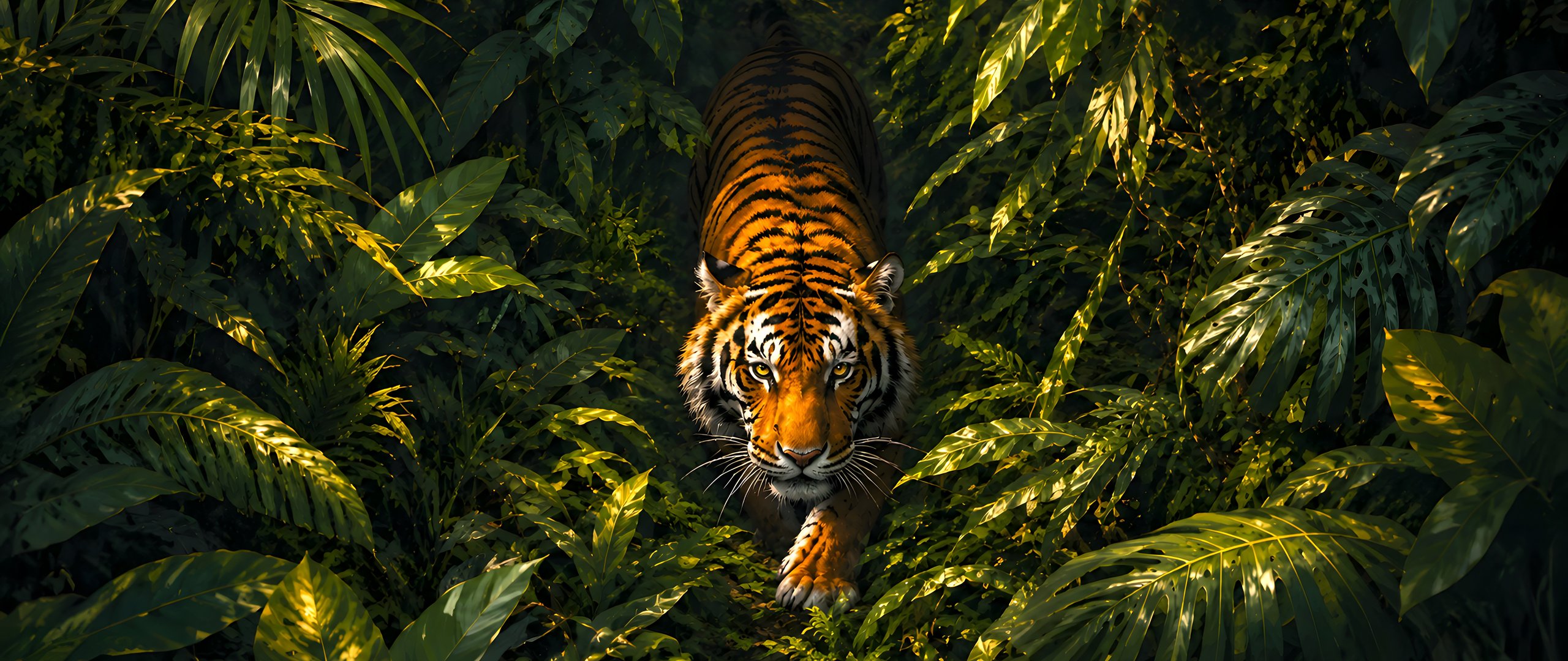 Tiger on the hunt in the green jungle - UltraWide 21:9 wallpapers in 2560x1080 resolution