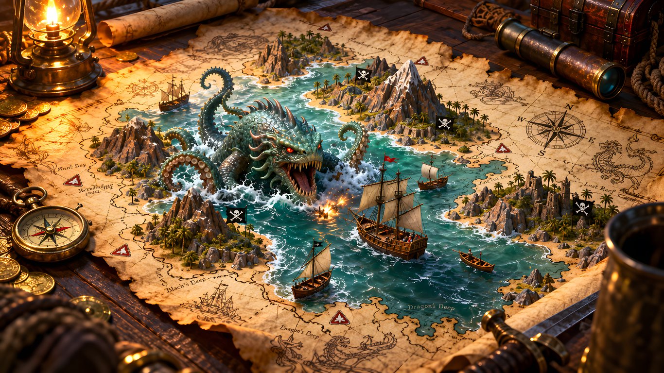 Fantasy Map with a Sea Monster - Laptop Wallpapers in 1366x768 resolution
