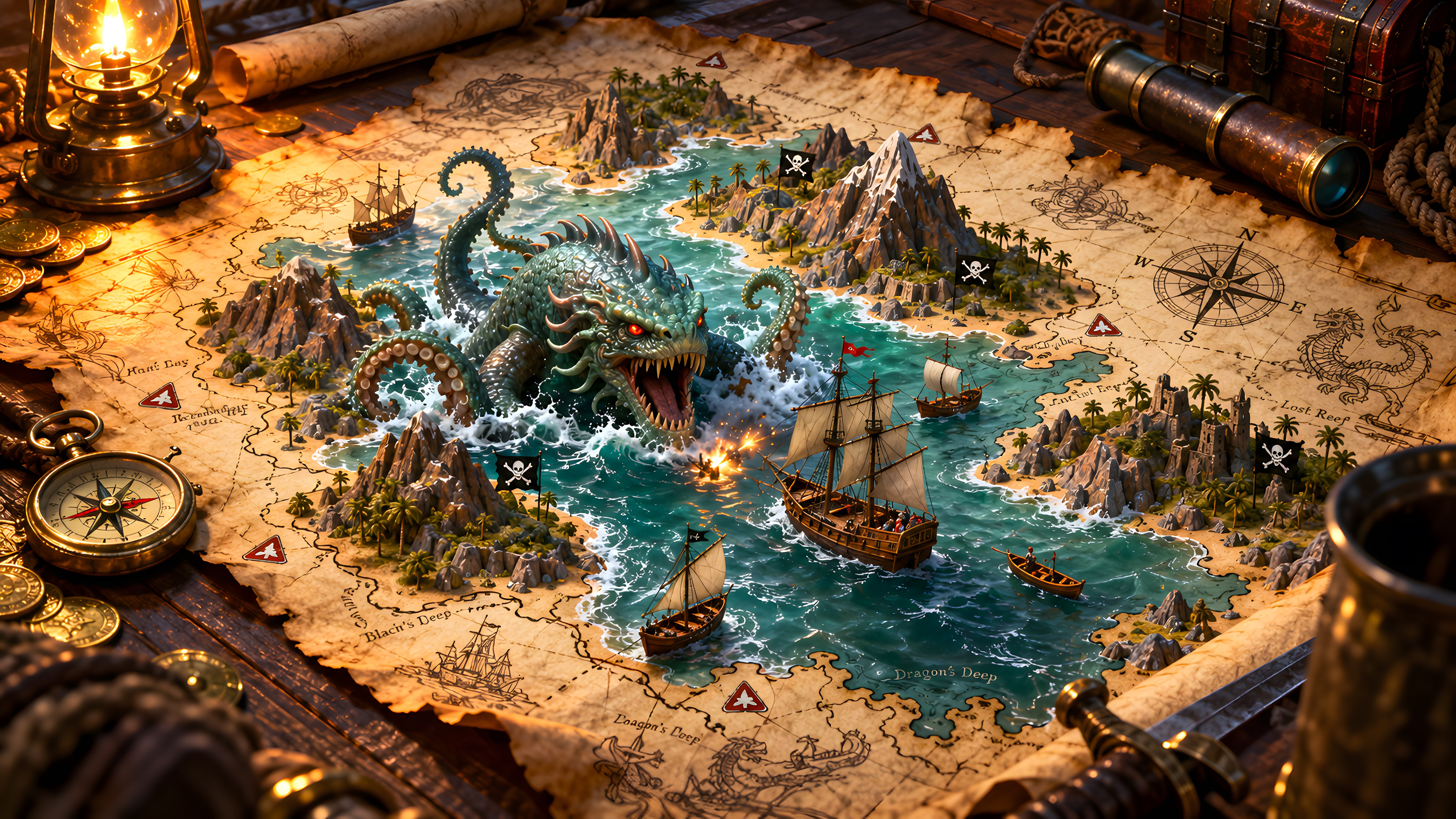 Fantasy Map with a Sea Monster - 8K wallpapers in 7680x4320 resolution