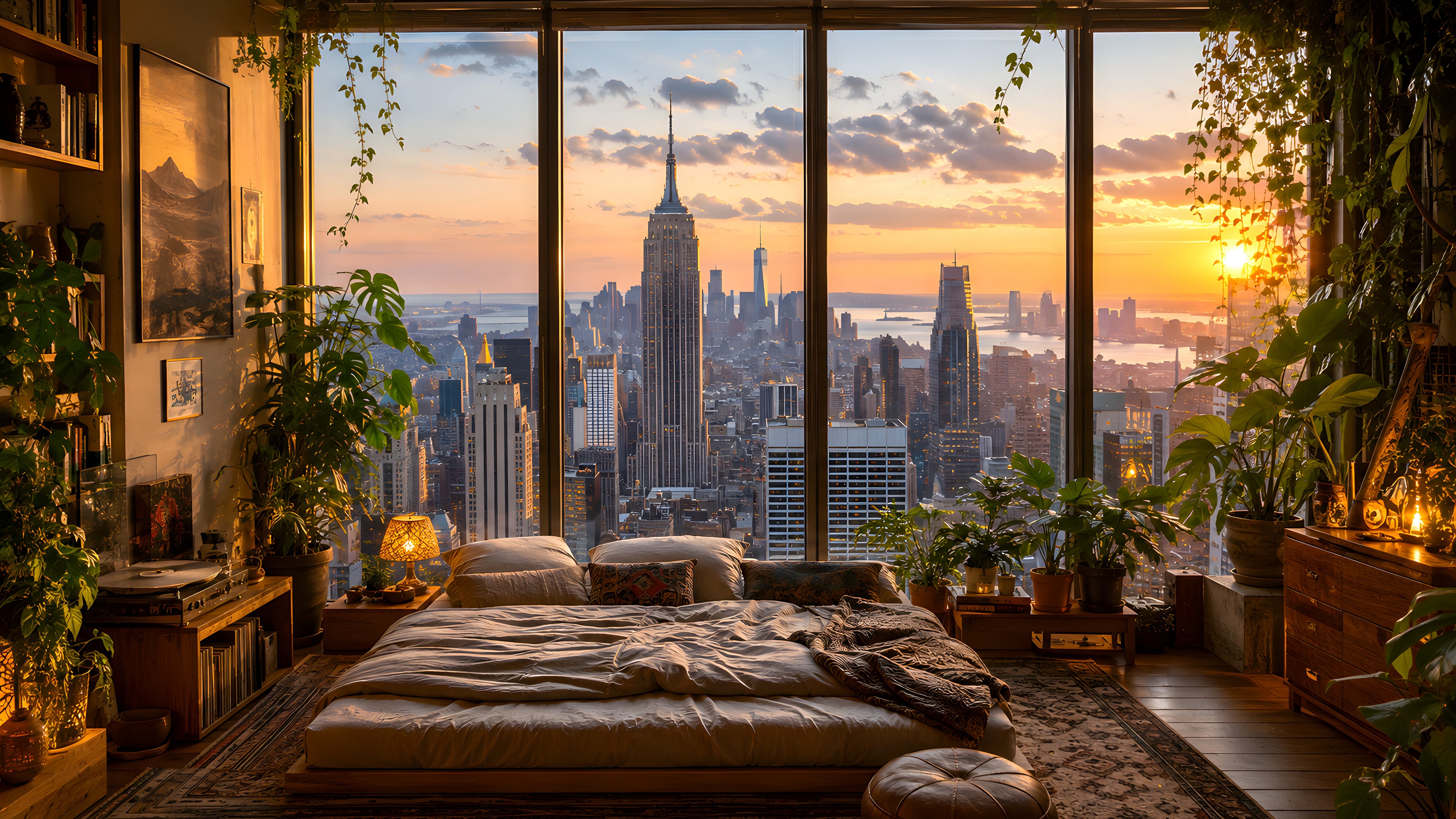 Cozy bedroom with Manhattan view - Wallpapers for Apple iMac 24″ in 4480x2520 resolution