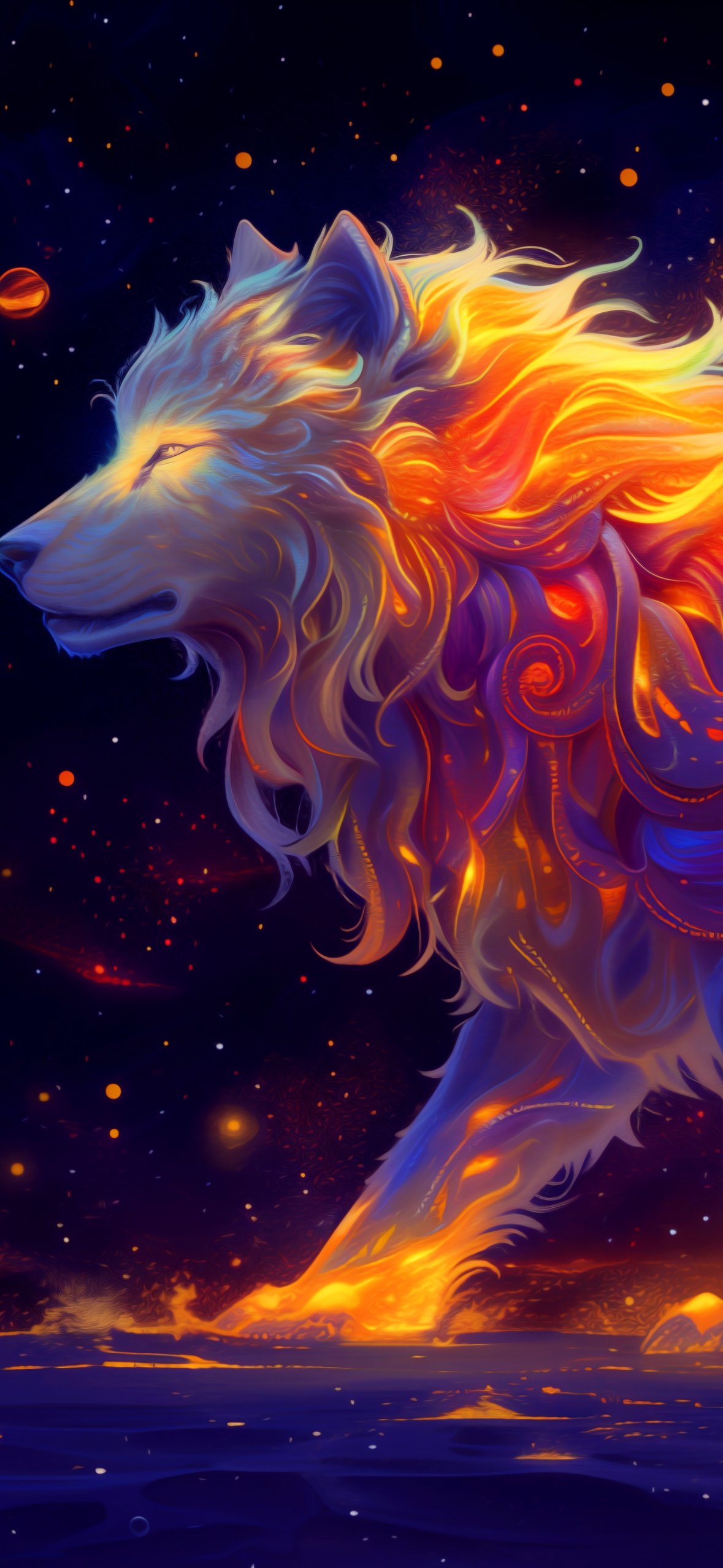 Fantasy wolf glowing with fiery patterns - Wallpapers for iPhone 14 Pro/15 Pro in 1179x2556 resolution