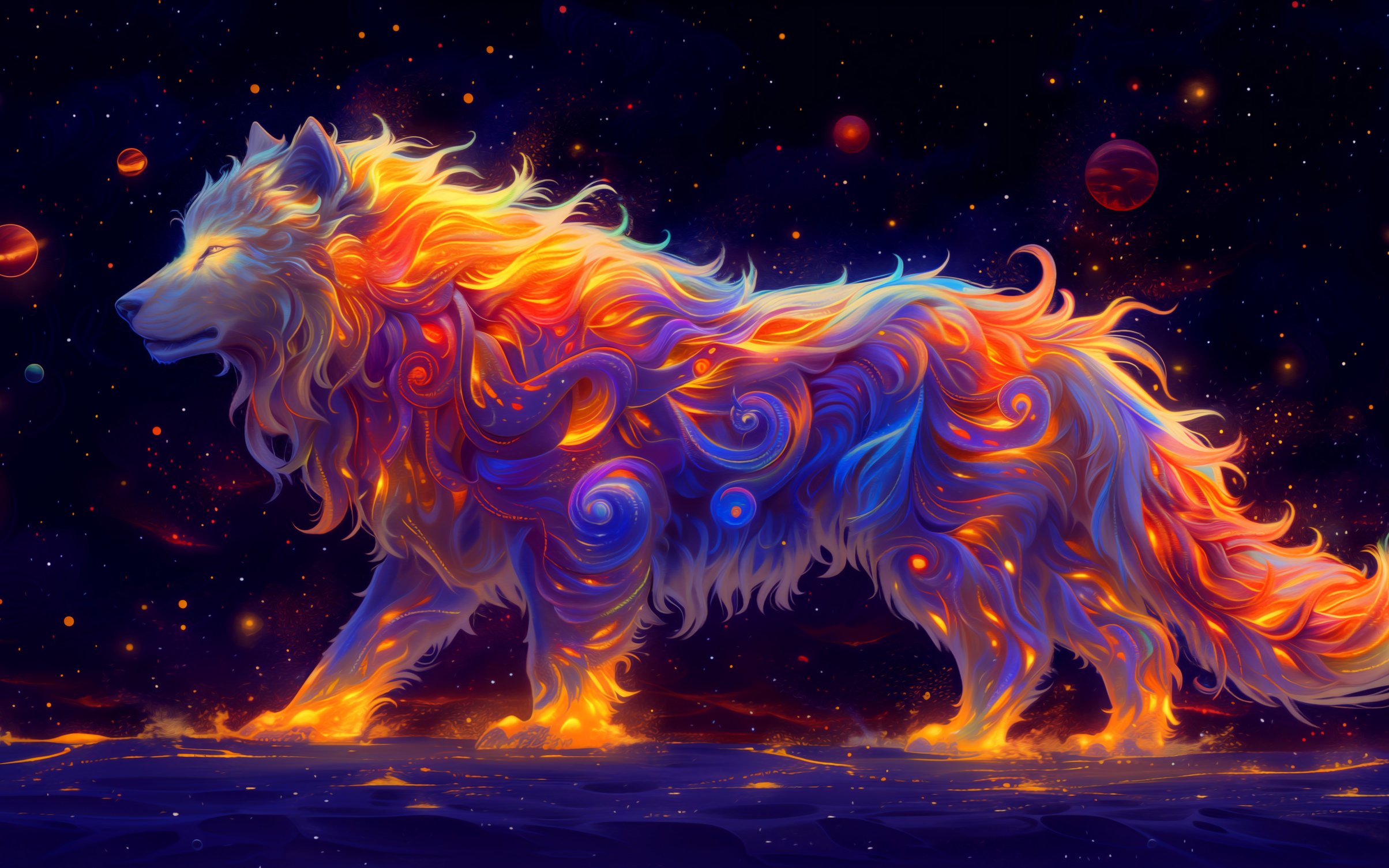 Fantasy wolf glowing with fiery patterns - Wallpapers for MacBook Neo in 2408x1506 resolution