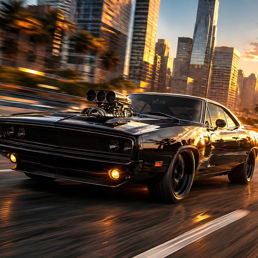 Black Dodge Charger R/T rushes through the city - Wallpapers for Apple iPad 1 in 1024x1024 resolution