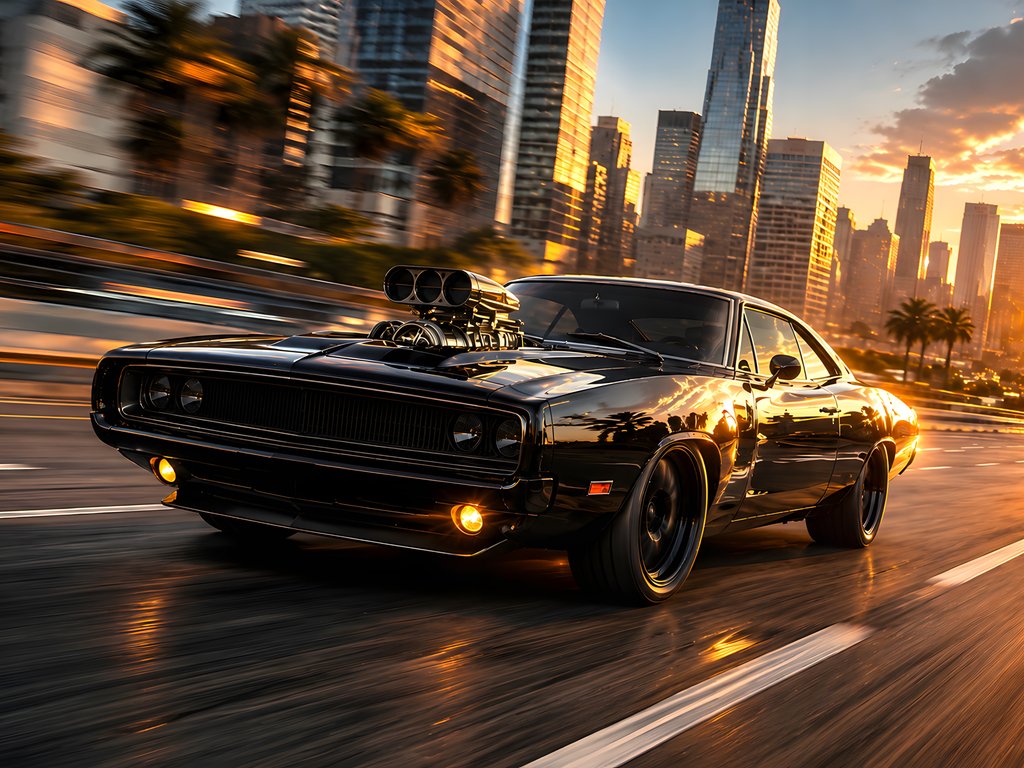 Black Dodge Charger R/T rushes through the city - XVGA wallpapers in 1024x768 resolution