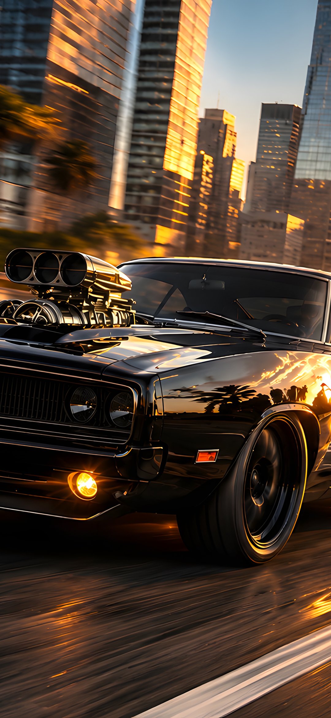 Black Dodge Charger R/T rushes through the city - Wallpapers for iPhone 12 mini/13 mini, Samsung Galaxy S24/S24 FE/S25/S25 FE/S26/A55/A56/A35/A26/A16/M15, Xiaomi, Sony Xperia in 1080x2340 resolution