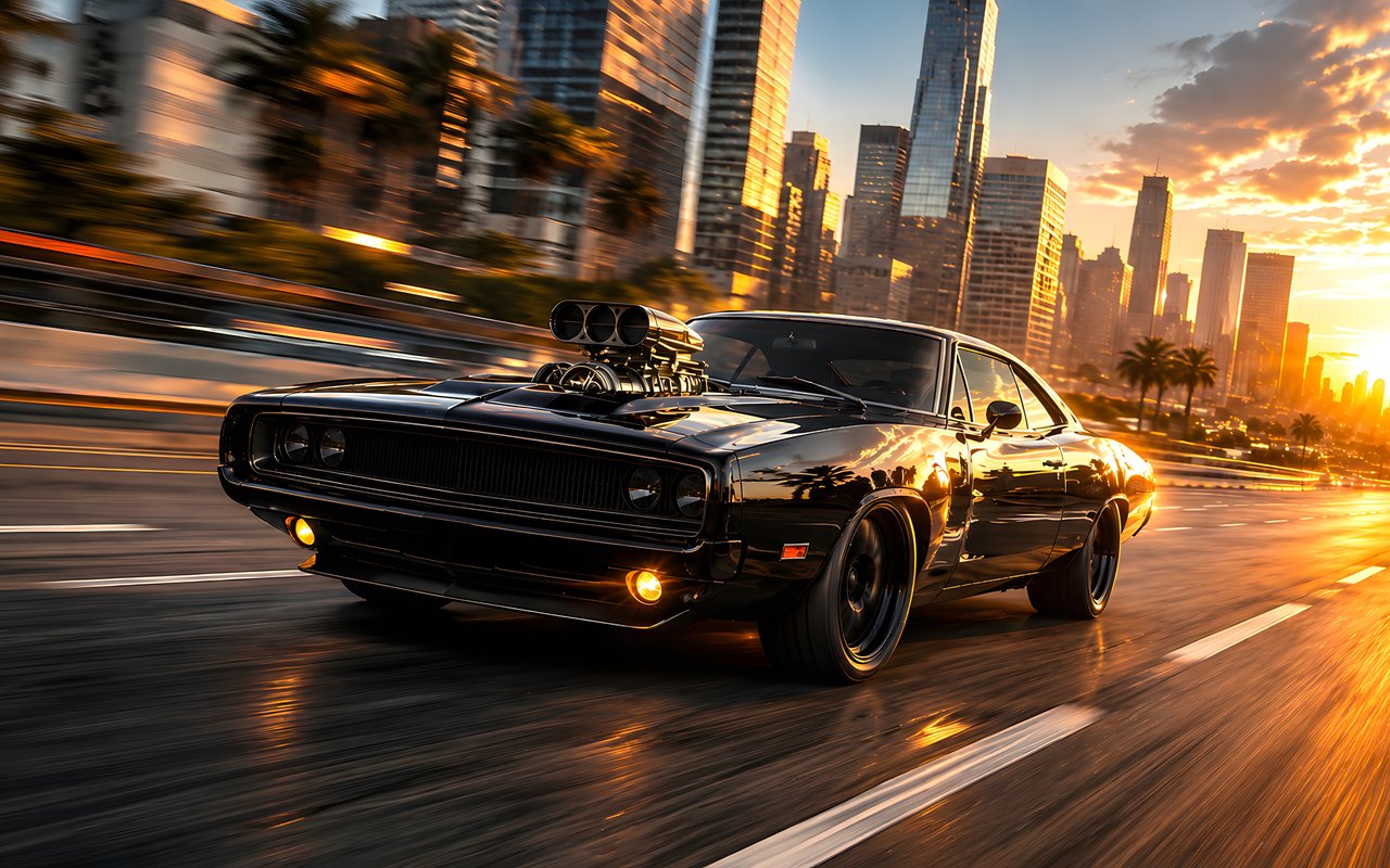 Black Dodge Charger R/T rushes through the city - WXGA_1280 wallpapers in 1280x800 resolution