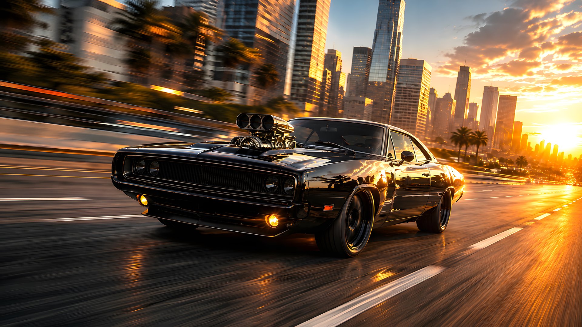 Black Dodge Charger R/T rushes through the city - Full HD wallpapers in 1920x1080 resolution