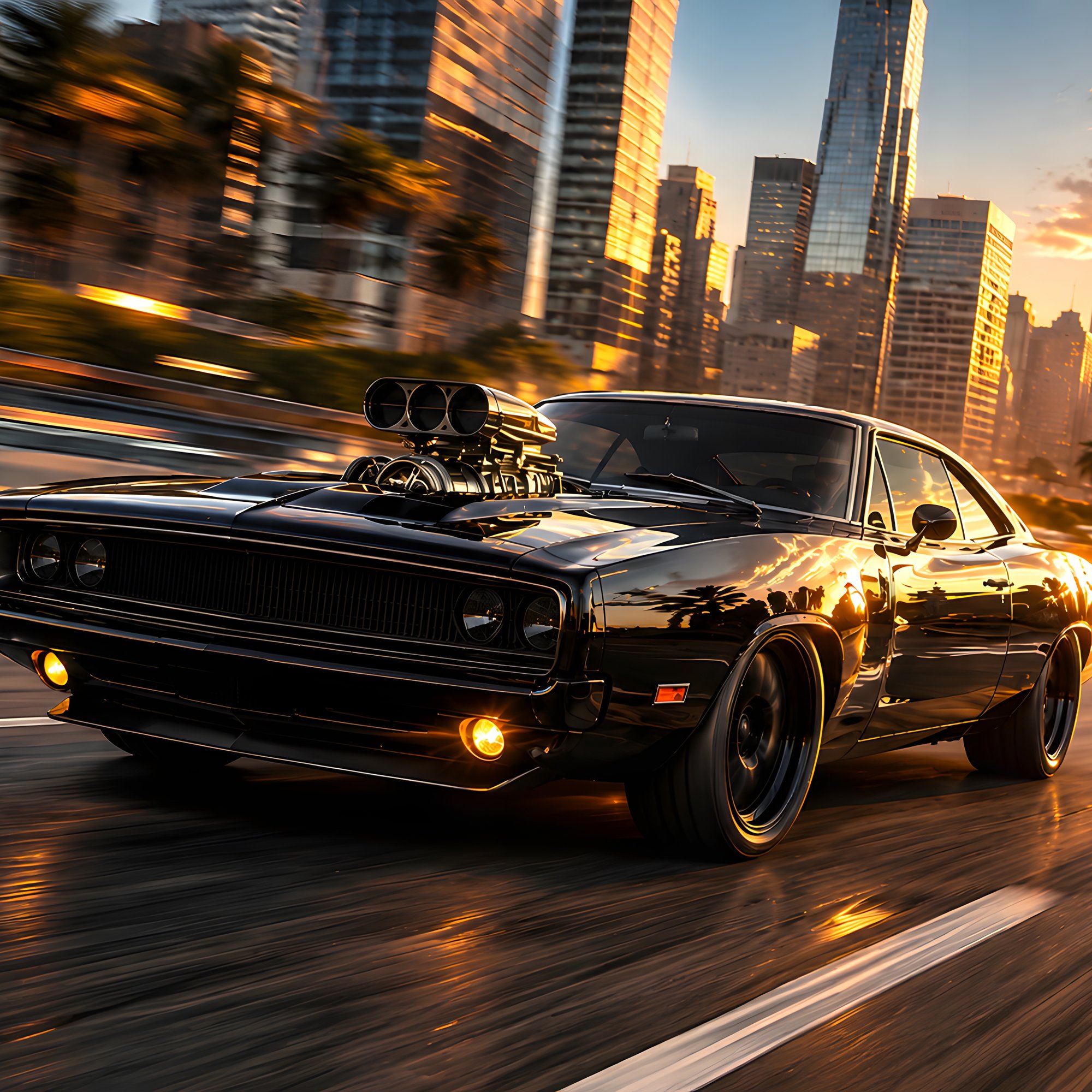 Черный Dodge Charger R/T мчится по городу - Обои для Samsung/Xiaomi в разрешении 2000x2000