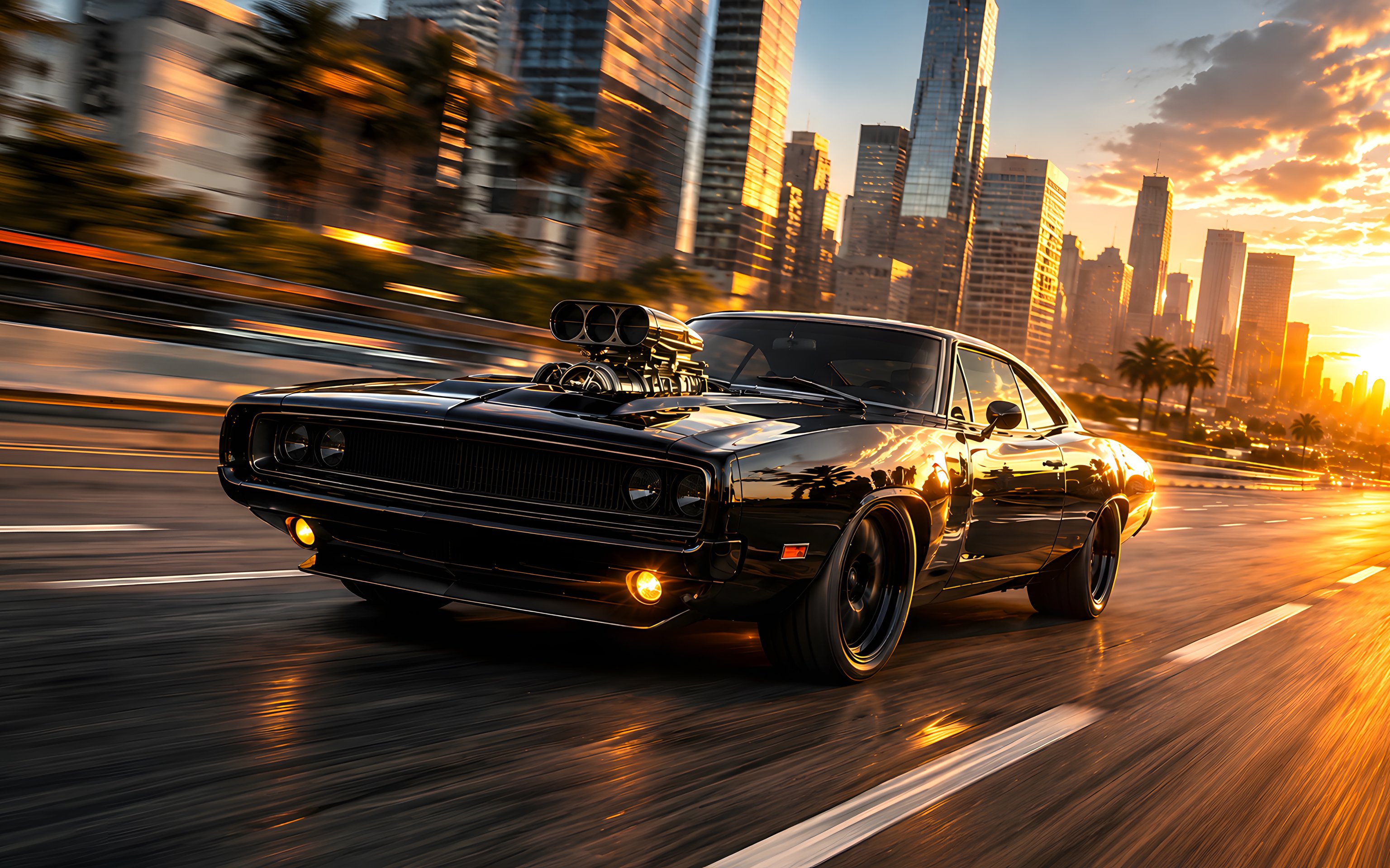 Black Dodge Charger R/T rushes through the city - Wallpapers for Apple MacBook 16″ in 3072x1920 resolution
