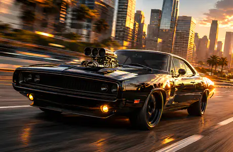 Обои Dodge для Apple MacBook 16″ (3072x1920): Dodge Charger R/T, Лос-Анджелес, небоскрёбы, красочный закат