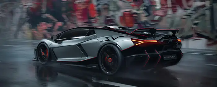 UltraWide 21:9 обои LED (3440x1440): Lamborghini Revuelto SV, дождь, дорога, скорость