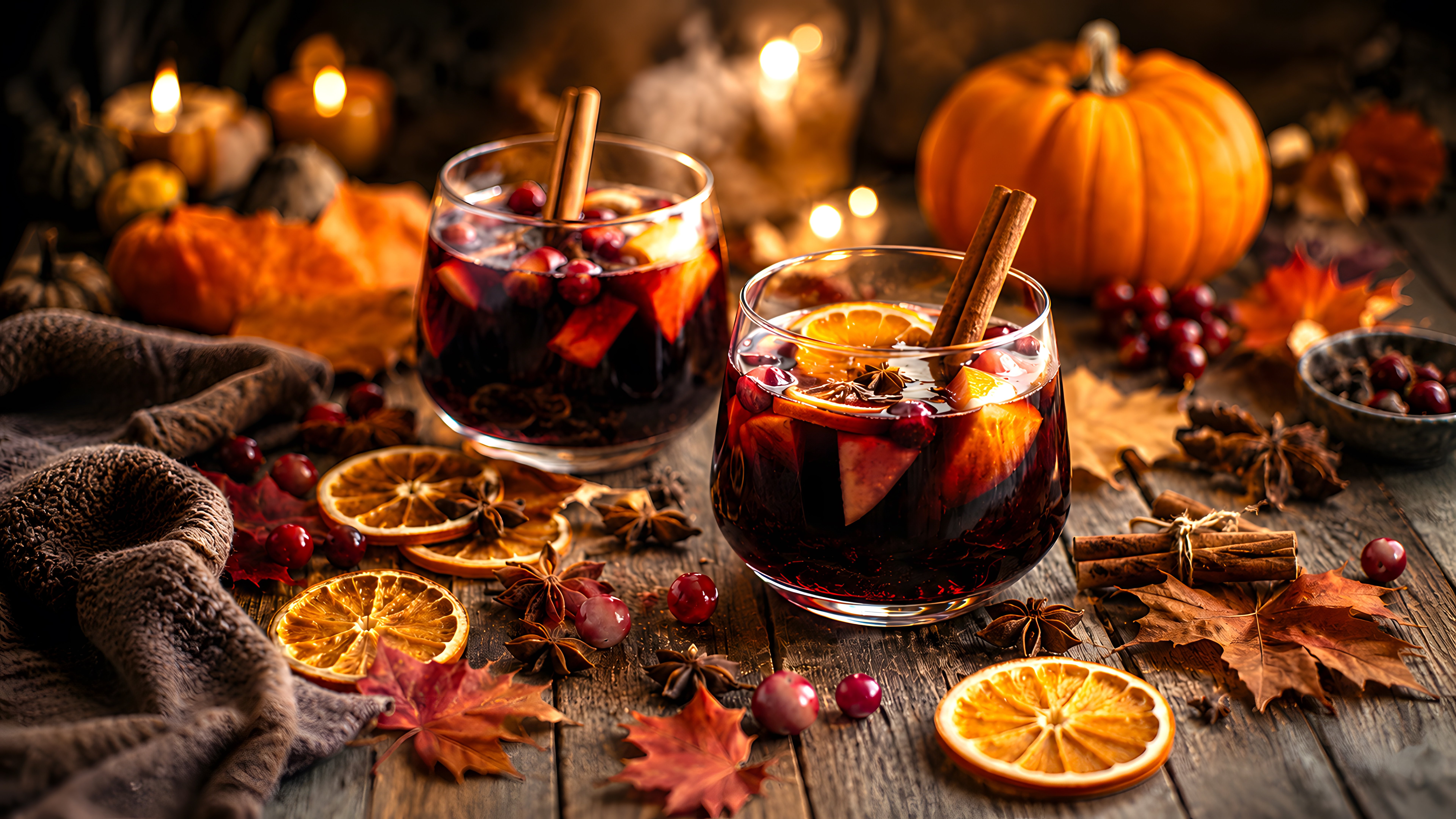 Glasses with mulled wine, orange and cinnamon - 8K wallpapers in 7680x4320 resolution