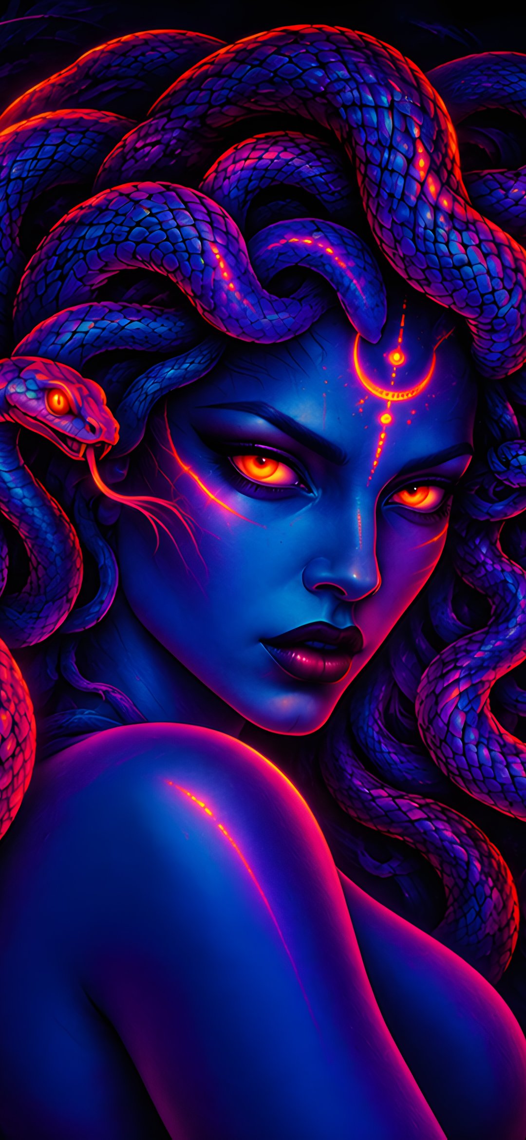 Gorgon with Snakes in Darkness - Wallpapers for iPhone 12 mini/13 mini, Samsung Galaxy S24/S24 FE/S25/S25 FE/S26/A55/A56/A35/A26/A16/M15, Xiaomi, Sony Xperia in 1080x2340 resolution