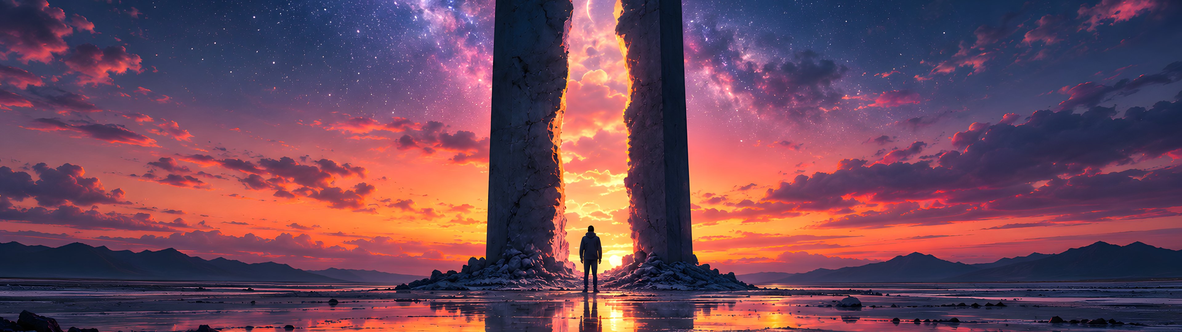 Мужчина у монолитов под Млечным Путём - UltraWide 32:9 обои в разрешении 3840x1080
