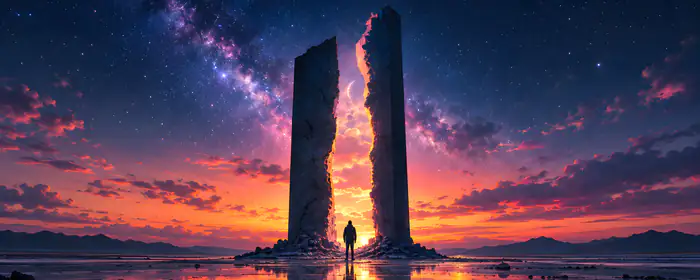 UltraWide 32:9 обои мужчина (5120x1440): мужчина, Млечный Путь, монолит, красочный закат