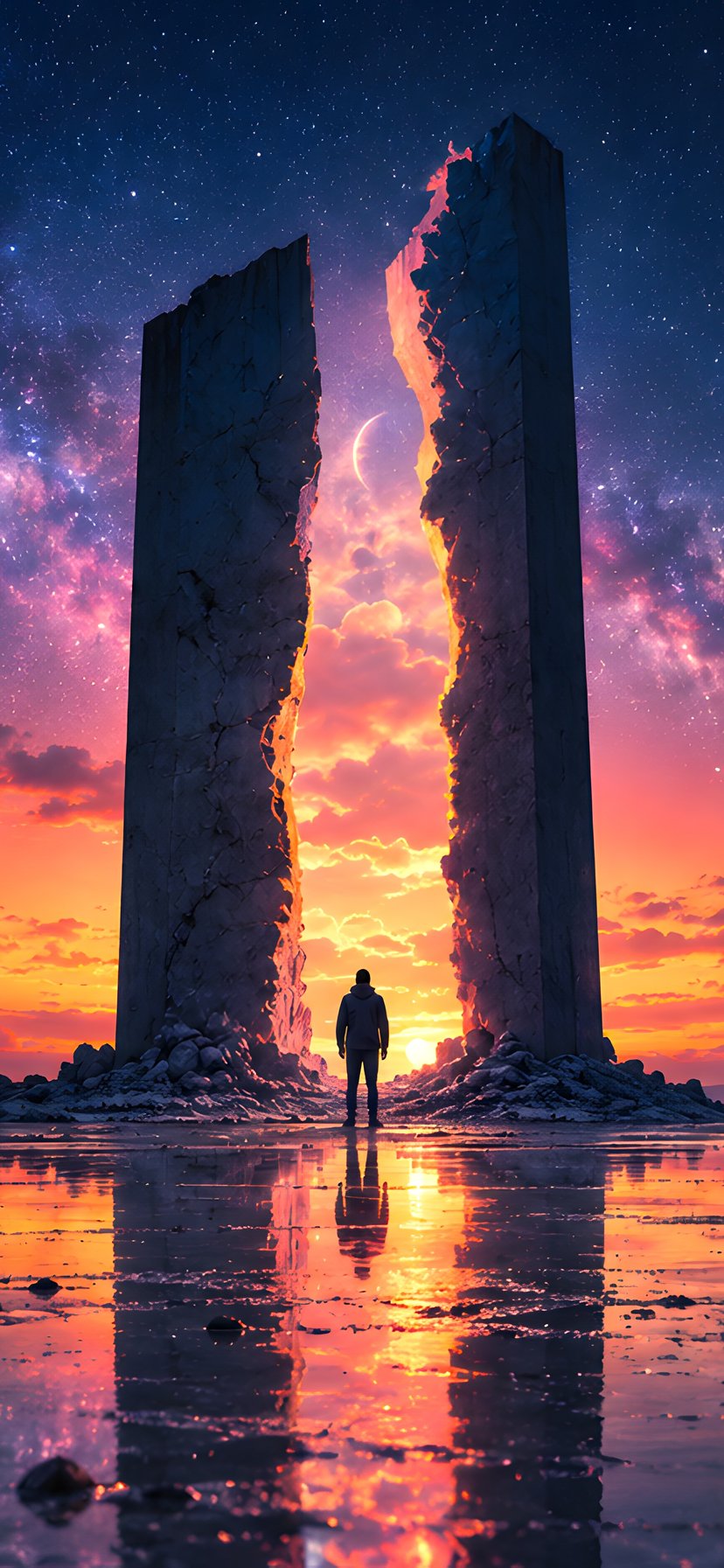 Man Beside Monoliths Under the Milky Way - Wallpapers for iPhone 11/XR in 828x1792 resolution